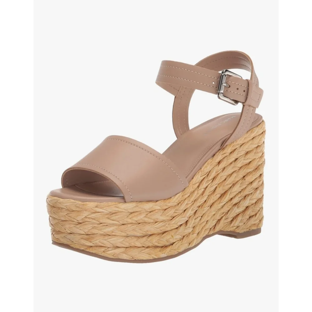 Marc Fisher Women Braided Raffia Chunky Platform Sandals 9.5 M Tan Beige